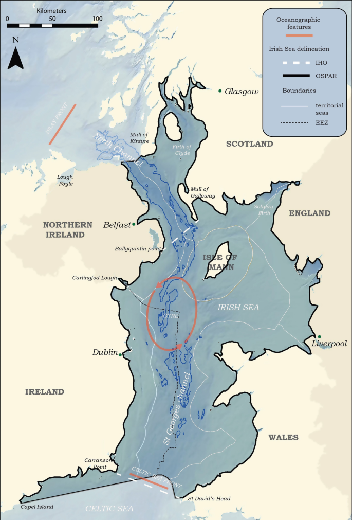 A map of Ireland depicts the oceanographic features with two Irish Sea delineations, I H O and O S P A R. There are two boundaries, the territorial seas and E E Z.
