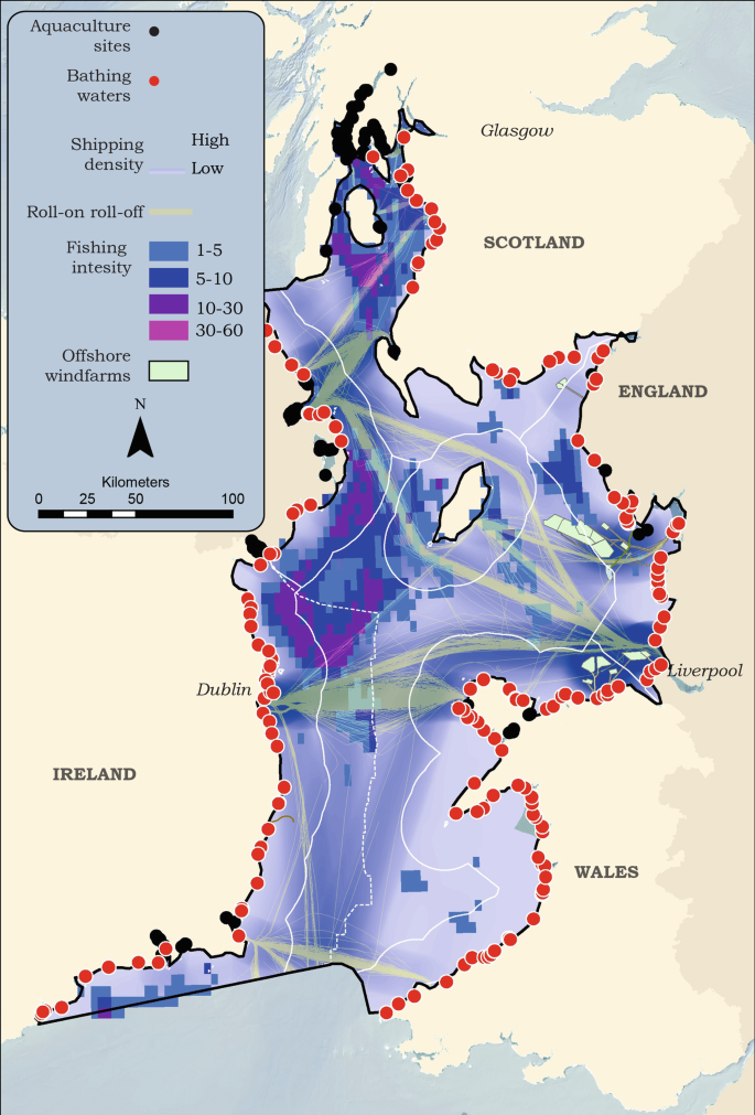 A map of Ireland represents the factors and tendencies prevailing in the Irish Sea.