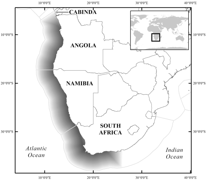 A map displays the countries in the southern part of Africa, Cabinda, Angola, Namibia, and South Africa, surrounded by the Atlantic Ocean and the Indian Ocean.