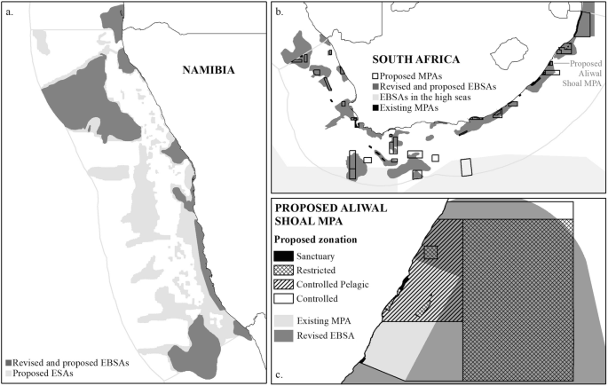 A map illustrates a magnified view of certain regions of the southern part of Africa with several legends.