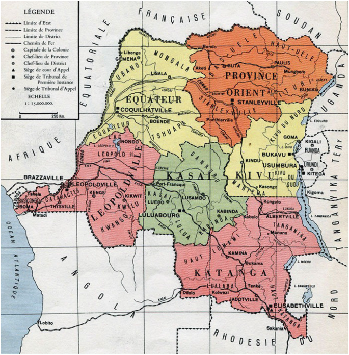 A map highlights some areas named Eqauteur, Provine Orient, Kivu, Kasa, Leopoldville, Katanga, and so on.