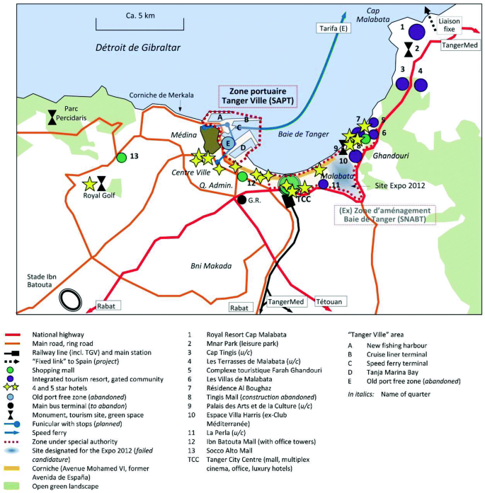 A map of Africa marks the major projects, places, and networks in the inner city of Tangier.