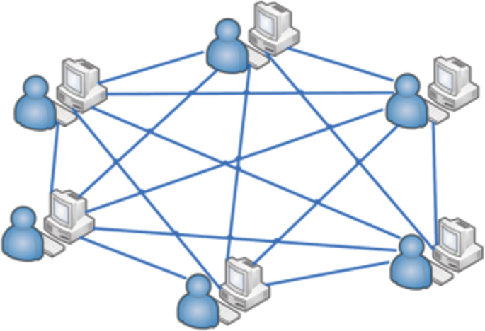 A schematic representation depicts the peer-to-peer technology of music exchange, which is the basic principle of networking.