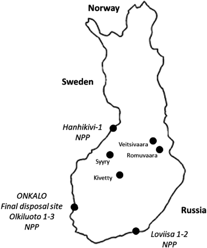 A map of Finland. The final disposal sites are marked on the map are Veitsivaara, Romuvaara, Syyry, Kivetty, Hankihivi-1 N P P and ONKALO. The neighbouring countries marked are Norway, Sweden and Russia.