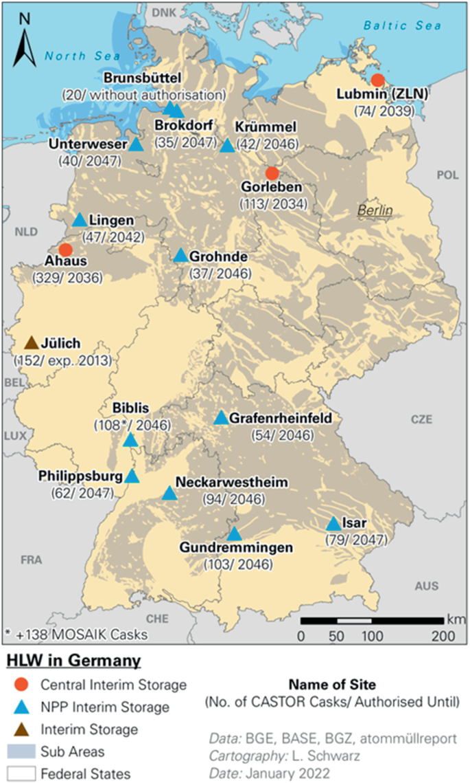 A map of Germany highlights the locations of the 3 central interim storage, 12 N P P interim storage, and 1 interim storage. One location from each storage are Ahaus, Isar, and Julich, respectively.