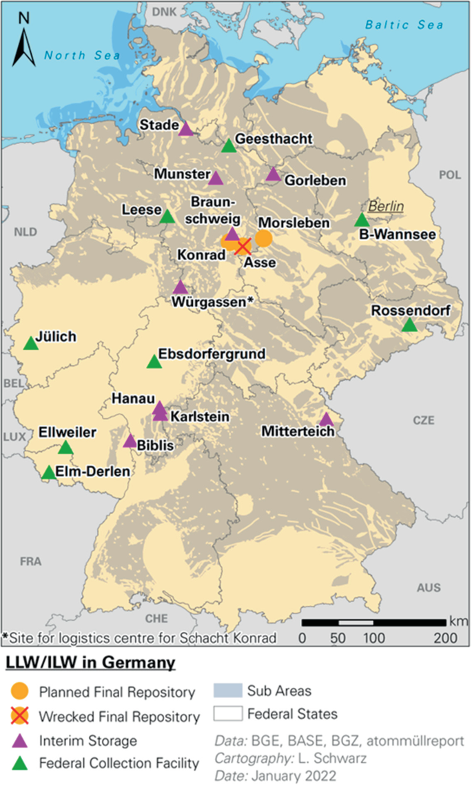 A map of Germany highlights the locations of 2 planned final repositories, 1 wrecked final repository, 9 interim storage, and 8 federal collection facilities, where intermediate-level and low-level active wastes are temporarily stored.