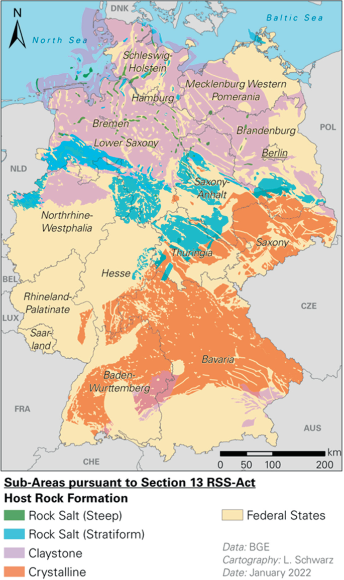 A map of Germany highlights the sub-areas as steep and stratiform rock salts, claystone, crystalline, and federal states. The crystalline formation in the south and claystone formation in the north occupy most of the areas.