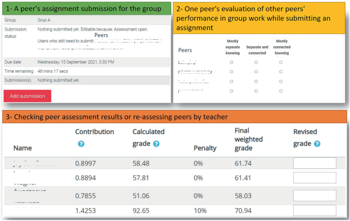 A screenshot of MoodleDocs displays the peer work activity. It includes details for a peer's assignment submission for the group and one peer's evaluation of other peers' performance. The checked peer assessment results are displayed at the bottom.