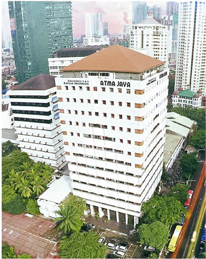 A top-angle photo of a tall multi-storied building. It stands tall amidst a series of several other densely packed buildings. The signage on it reads, Atma Jaya.