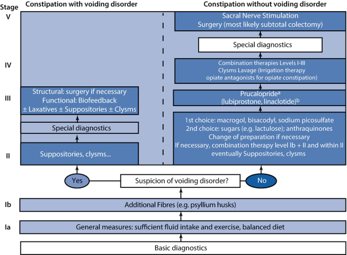 A flow diagram illustrates a therapeutic algorithm for chronic constipation. It is in reverse order, from bottom to top. The first step in basic diagnostic measures includes a general measure of fluid intake, exercise with a balanced diet, then additional fibers. The treatment of suspicion of the voiding disorder is divided into 4 stages from 2 to 5 for the conditions of constipation with the voiding disorder and constipation without the voiding disorder.