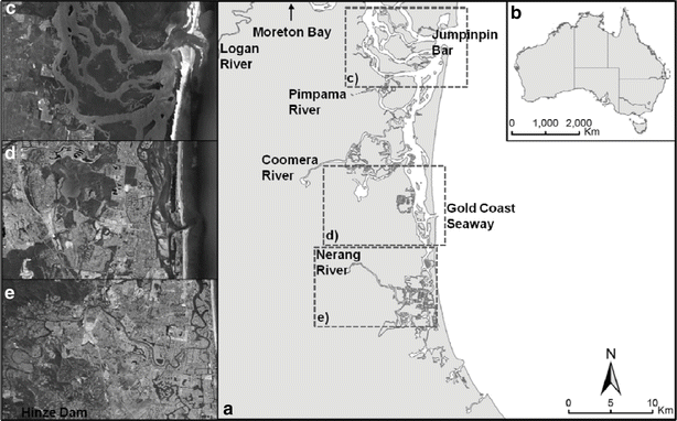 Map of the Coomera River estuary on the Gold Coast and its two adjacent