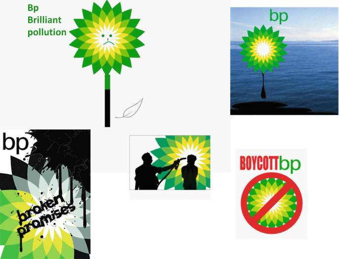5 images. 1, A flower drawn using the B P logo has a sad simile in the center and is labeled, B p brilliant pollution. 2. The B P logo is used to depict a drop of oil in the ocean. 3. A part of the B P logo is shaded dark and labeled broken promises. 4, On the background of the B P logo, a man holds an oil gun over a person’s head. 5. A logo of B P inside a prohibition sign is labeled boycott B P.
