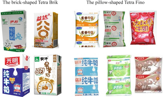 A photo of packed food items. They include 4 brick-shaped Tetra Brik packs and 6 pillow-shaped Tetra Fino packs.