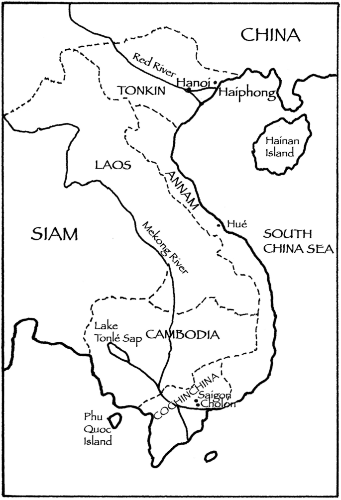 A map of French Indochina displays various locations such as Laos, Siam, Tonkin, the South China Sea, China, and more.