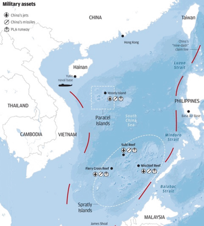 A map of the South China Sea highlights military assets of China’s jets, missiles, and P L A runway in Woody Island, Subi Reef, Fiery Cross reef, and Mischief Reef.