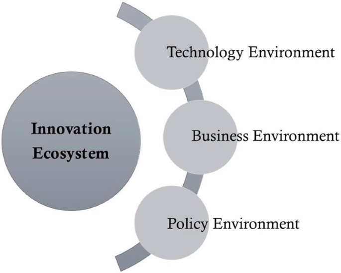 A circular model lists the innovation ecosystem. It has technology, business, and policy environments.