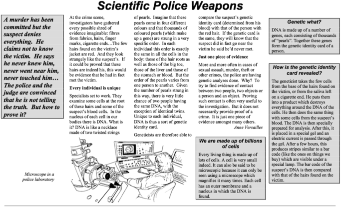 A text from the Program for International Student Assessment reading test titled Scientific Police Weapons. It is a passage about proving the suspect guilty of murder by gathering evidence and using genetic analysis.