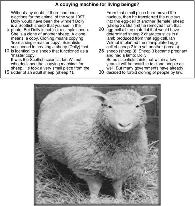 A text from the Program for International Student Assessment problem-solving item in science titled, A copying machine for living beings? It is about Dolly, the cloned sheep, and below the text is a photo of Dolly.