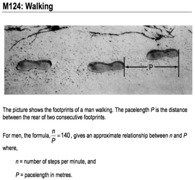 An illustration of the footprints of a man walking. Below is the formula, n over P equals 140, that gives an approximate relationship between n and P where n equals number of steps per minute, and P equals pace length in meters.