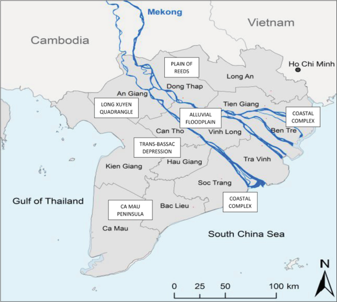 The map of the Mekong River Delta depicts a plain of reeds, the Long Xuyen Quadrangle, an alluvial floodplain, the coastal complex, the Trans Bassac depression, and the Ca Mau peninsula.