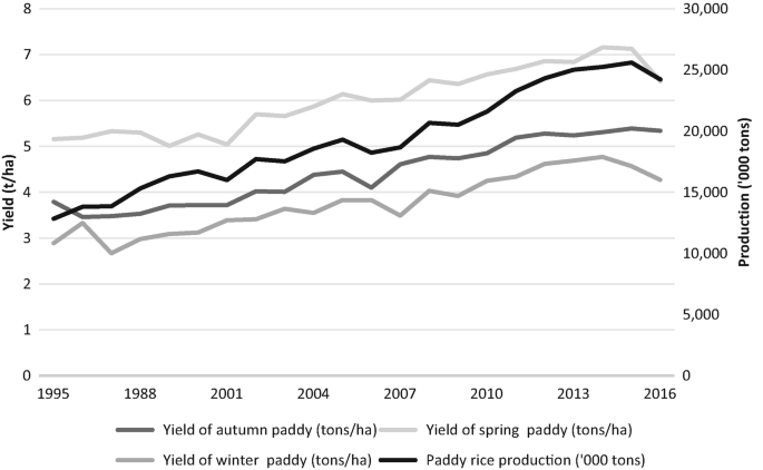 A dual y axis line graph of yield in tonnes per hectares and production in 1000 tonnes over the years from 1995 to 2016. The lines are plotted in the following order from top to bottom, yield of spring paddy, paddy rice production, yield of autumn paddy, and yield of winter paddy.