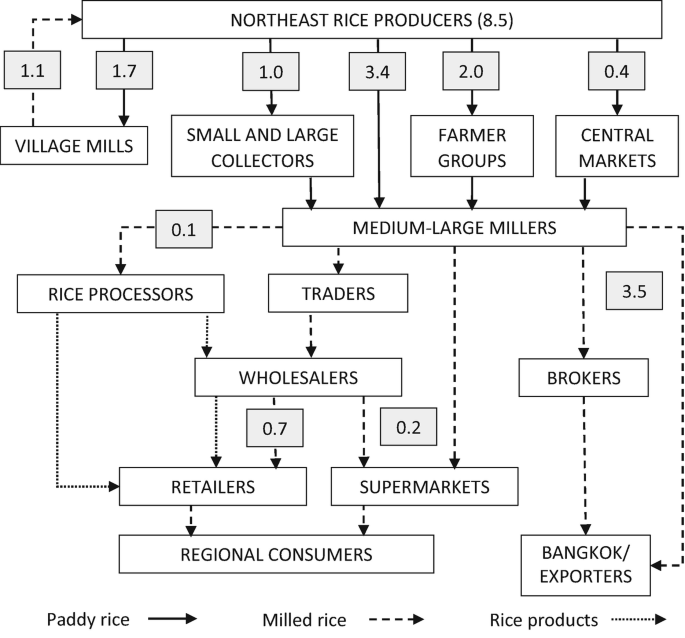 A flow diagram represents the northeast rice producers with village mills, small and large collectors, farmer groups, and central markets, along with regional consumers and exporters.