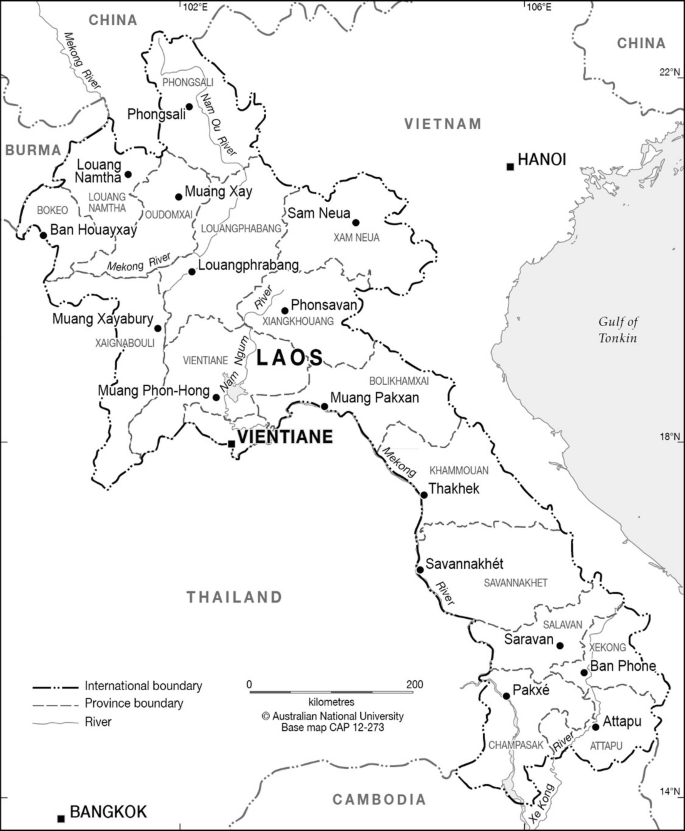 A map of Laos traces the international boundary, province boundary, and river, along with the neighboring regions, and it measures 200 kilometers.