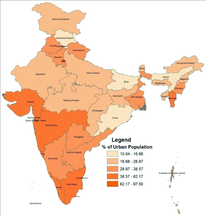 A political map of India categorizes different Indian cities according to the five different levels of urbanization. It depicts that Gujarat, Maharashtra, Tamil Nadu, Kerala, and Puducherry have the highest level of urbanization.