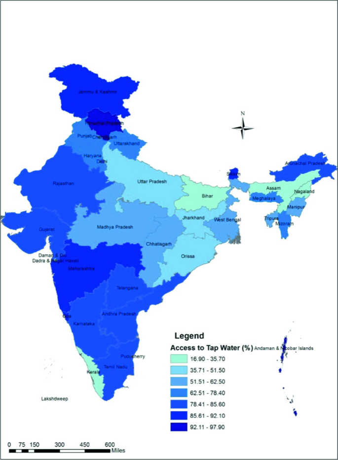A political map of India categorizes different Indian cities according to access to tap water. It exhibits Bihar, Assam, Nagaland, and Kerala has the least access to tap water.