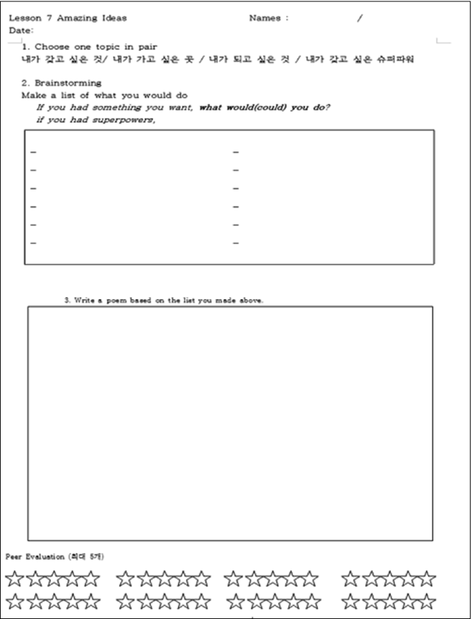 A template depicts the worksheet. It has lesson 7 amazing ideas, names, and dates on the top. 3 questions marked 1, 2, and 3 have a blank box, in the middle and below are the stars for peer evaluation.