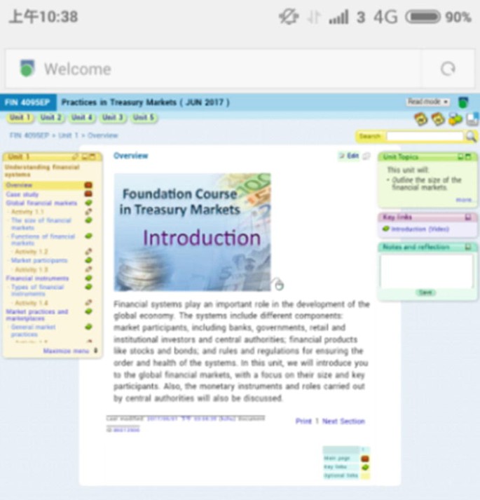 A screenshot displays the mobile screen of the L M S application for practices in Treasury Markets. It contains an overview, a case study, an activity, unit topics, key links, and notes and reflections. It has the option to edit, search, read mode, and save.