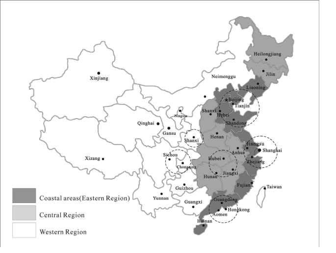 A map of China illustrates the three zones of economic development. The coastal area consists of 12 regions, the Central region consists of 8, and the Western region consists of 12 regions.