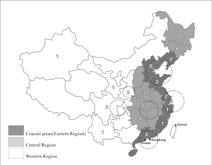 A map of China illustrates the locations of Double World Class Universities. The Coastal region consists of the highest number of universities, followed by the Central region.