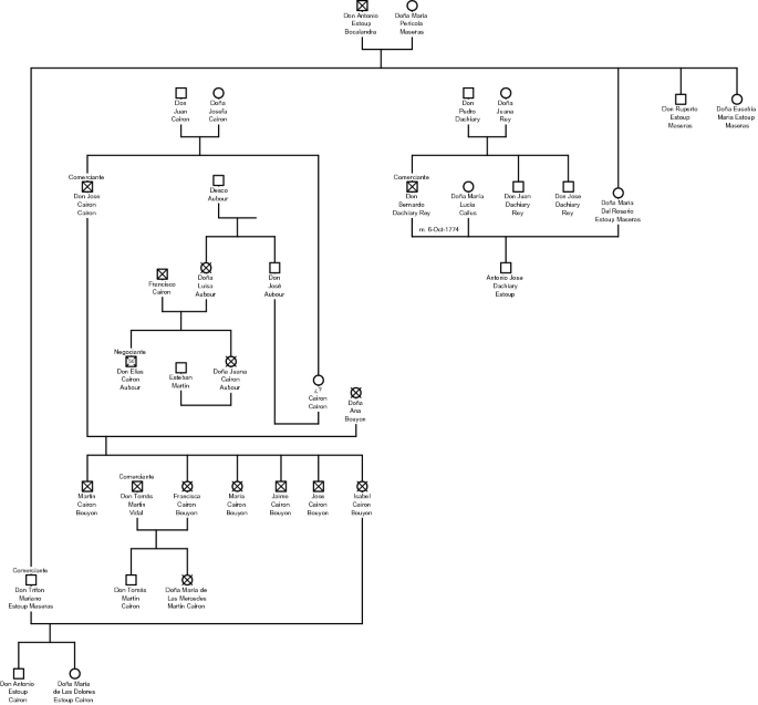 A tree diagram with the genealogy of the Stoup-Cayron family, originating from Don Antonio and Doria Maria.