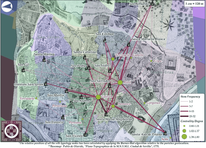 A satellite map of a section of Italy with numerous cities connected via typologies of Chinese silks and consumer networks. The item frequency and centrality degrees are marked on the map.