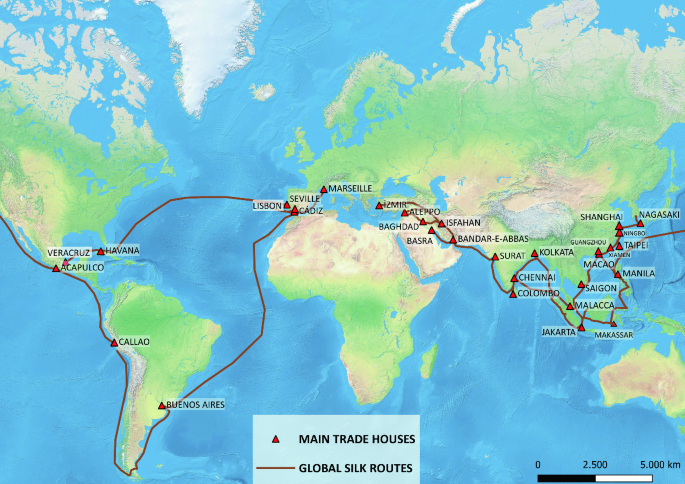 A world map marks the global silk routes between main trade houses in Asia, Europe, and America, such as Havana, Lisbon, Taipei, and Shanghai.