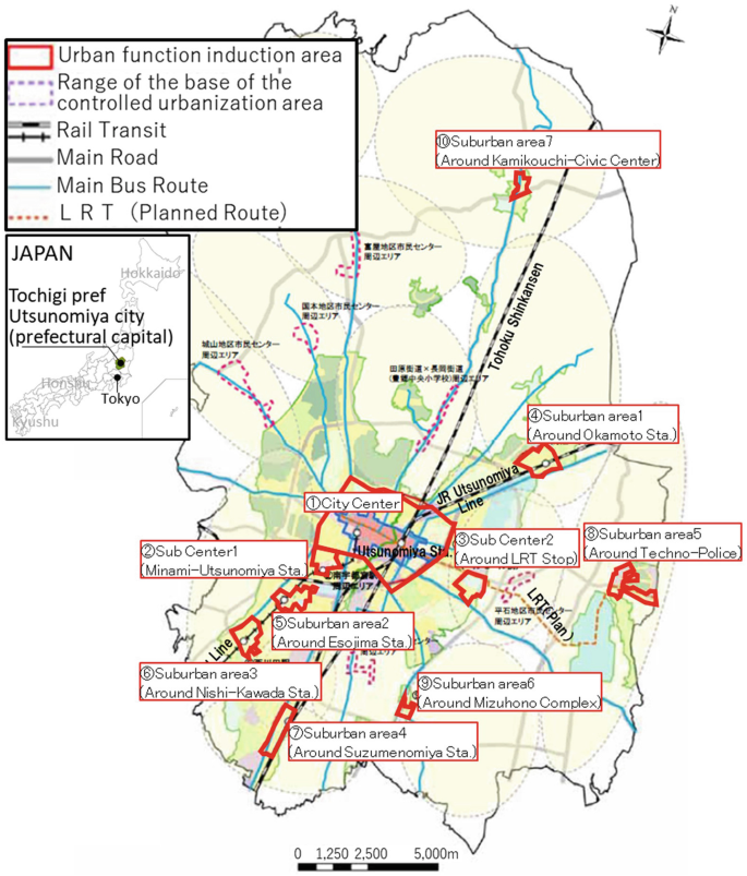 A map describes the urban function induction area, range of the base of the controlled urbanization area, rail transit, main road, main bus route, and L R T. It contains seven suburban areas.