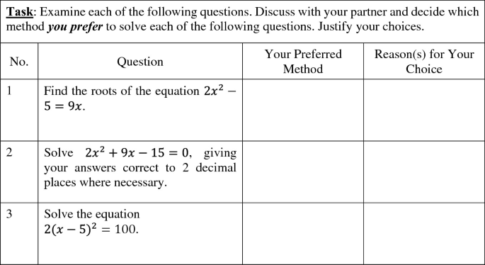 A table depicts mathematical questions in 4 columns under Number, question, your preferred method, and reasons for your choice.