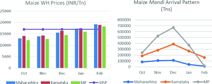 Two graphs. A grouped bar graph of maize W H prices in Maharashtra, Karnataka, and M P, and a line graph indicates M S P in I N R per ton versus months. M S P is almost constant for all months at around 17000, while the bars increase gradually. A line graph of the maize Mandi arrival pattern in tons for Maharashtra, Karnataka, and M P, from October to February. All curves initially increase and then decrease.