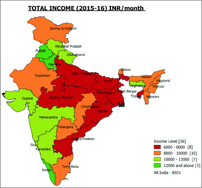 An Indian Map of the Total Income 2015-16 I N R per month. Various states express various income levels. It represents 4 types of income levels. All India spots 8931.