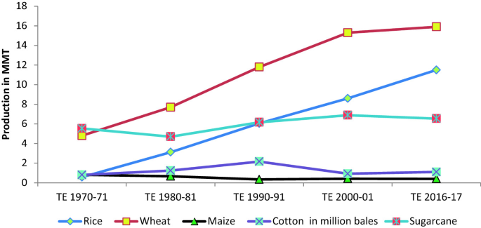 A graph of production in M M T versus T E 1970 to 2017. The highest point is 16 for wheat in 2016- 17. The lowest point is 1 for rice in 1970-71. Values are estimated.
