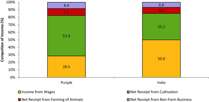 A bar graph of the composition of income versus Punjab, India. The highest point is 53.9 for Punjab in receipt for cultivation. The lowest point is 8 for India in a receipt from farming of animals.