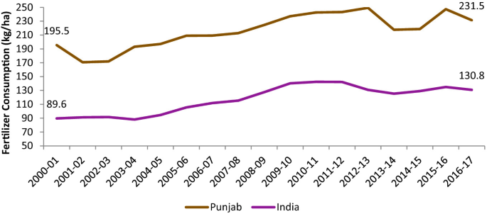 A graph of fertilizer consumption versus year. The highest point is (2016-17, 231.5) for Punjab. The lowest point is (2000-01, 80.6) for India. Values are estimated.