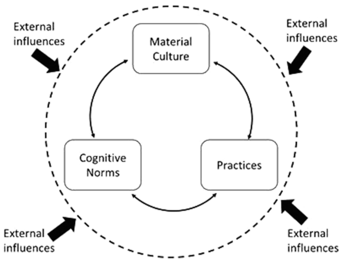 A cyclic chart passes through the following stages. Material culture. Practices. Cognitive norms. The chart is inside a circle of external influences.