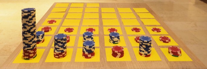 A closeup of 6 columns of post-it notes pasted on the floor. Columns 1 to 3 have 7 notes. Columns 4, 5, and 6 have 6 notes. Rows 4, 5, 6, and 7 have piles of poker chips on them. The last note of column 1 has the highest number of chips.