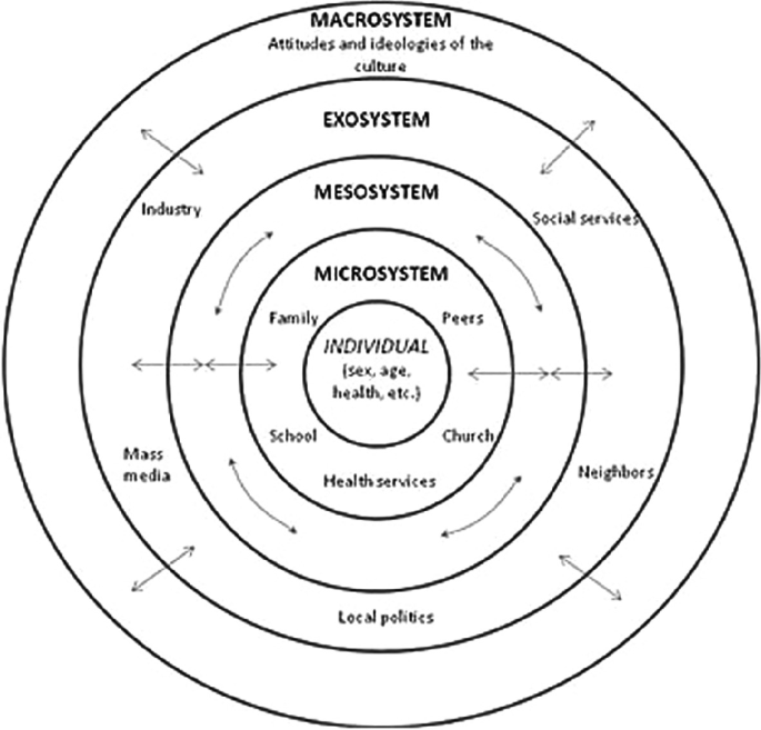 A concentric circular diagram depicts Bronfenbrenner's theory. Each circle is labeled individuals, microsystems, mesosystem, ecosystems, and ecosystems from the inner circle through the outer circle.