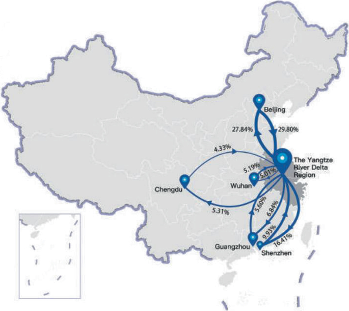 A map of china depicts the Yangtze river delta region. The other highlighted regions are Beijing, Chengdu, Guangzhou, and Shenzhen.