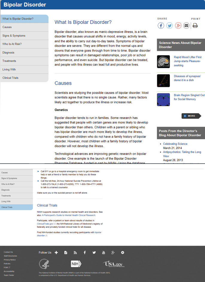 A screengrab of the bipolar disorder page represents descriptions for What is bipolar disorder? causes, and clinical trials. The left pane has a box with subheadings for, what is bipolar disorder? The right pane has the symbols of the social media and links for the related topics.