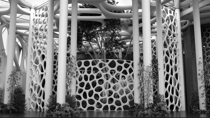 A photograph of an intricate biophilic design in the outdoor area. The area is covered with trees and plants surrounded by design elements.