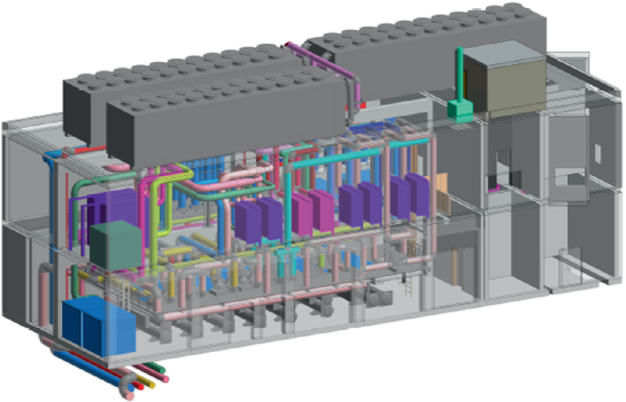 A three-dimensional model of a production plant is depicted. The model depicts several heating and cooling networks. Several pipes are connected to some blocks, and the blocks are connected to the tank on the roof.